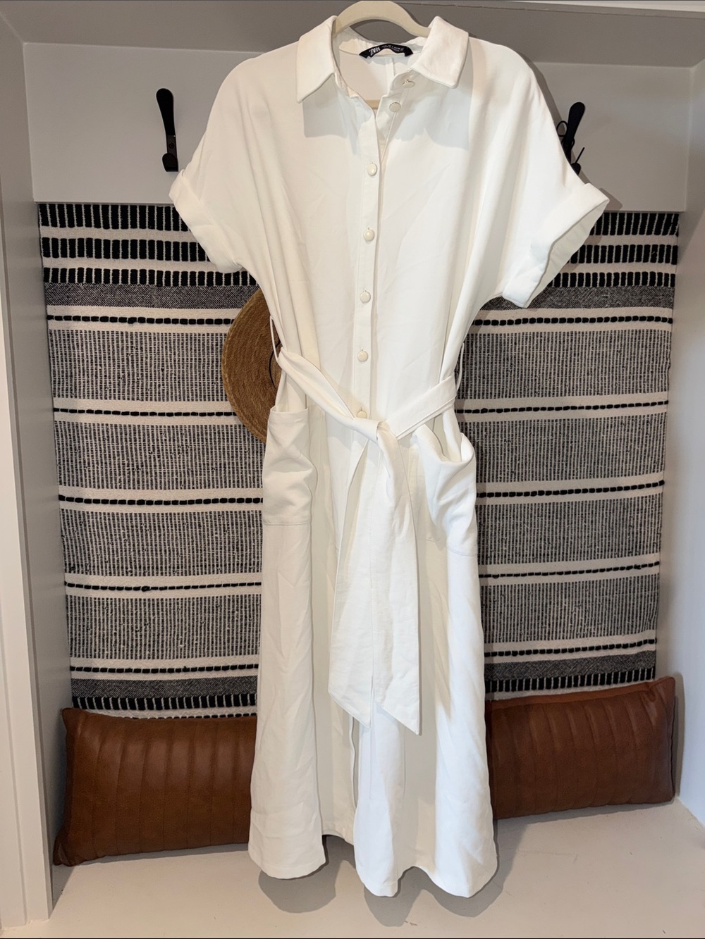 Zara Belted Oyster White Midi Shirt Dress